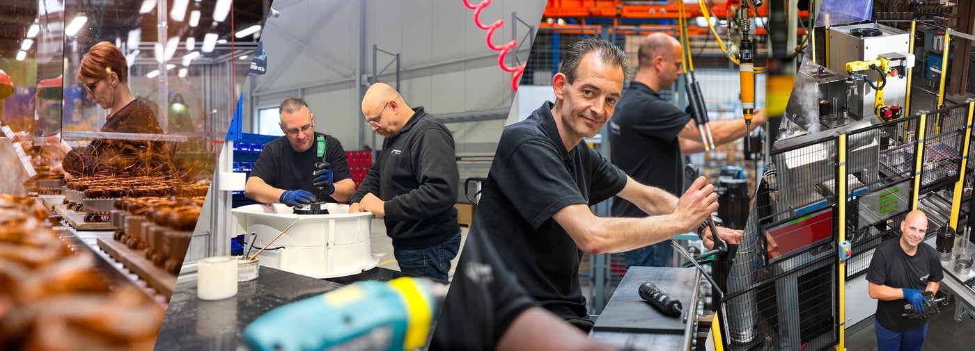 Medewerkers werken aan verschillende assemblageprocessen in een fabriek, met de nadruk op zowel handmatige als geautomatiseerde taken.