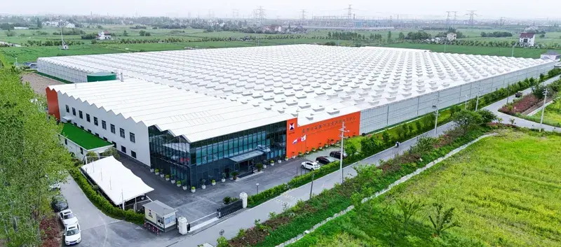 Aerial view of a large modern greenhouse facility