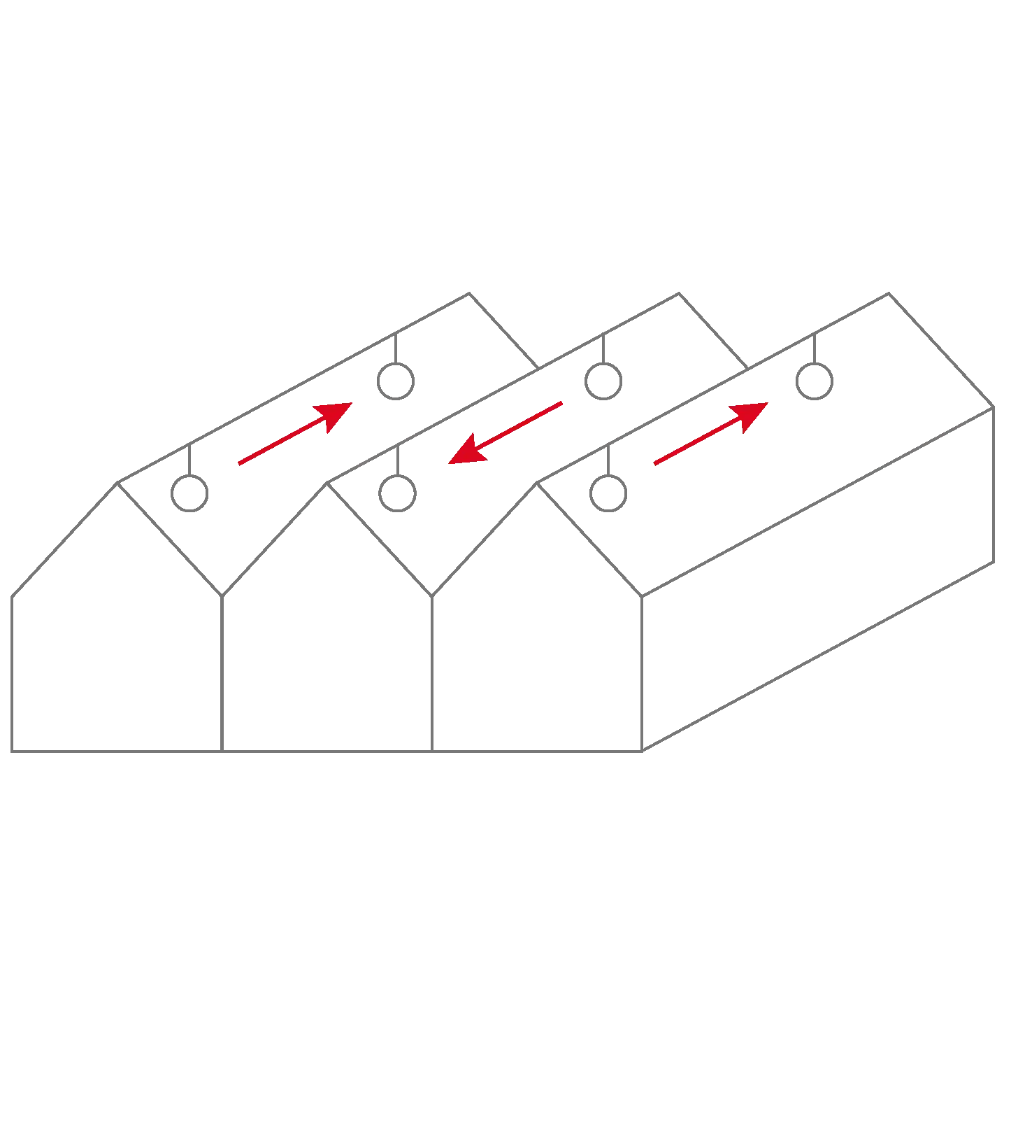 Diagrama de tres estructuras de invernadero con flechas rojas que muestran la dirección del flujo de aire y ventiladores montados en el techo