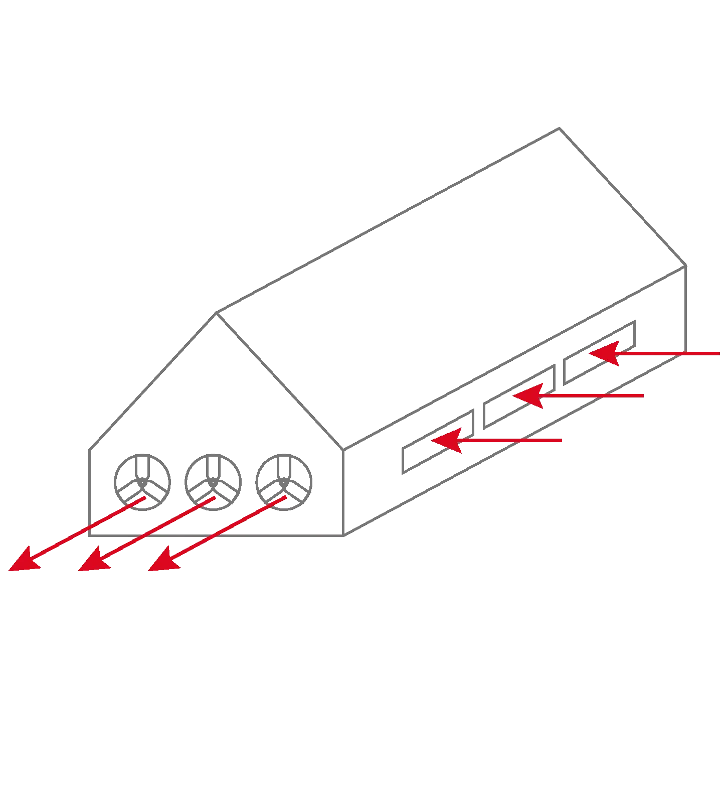 Diagram showing airflow direction through a greenhouse with three exhaust fans and air inlets