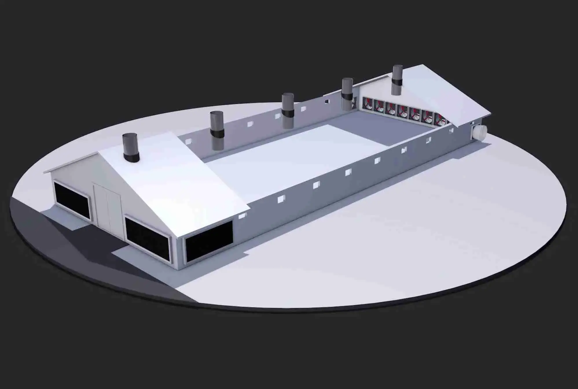 3D-Modell eines Geflügelhauses mit Schornsteinen und Lüftungsventilatoren aus der Luftperspektive