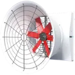 Industrial fiberglass fan with red blades and protective grid