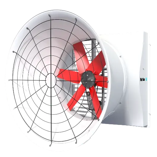 Industrial fiberglass fan with red blades and protective grid