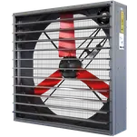 Galvanized box fan with red blades and grid