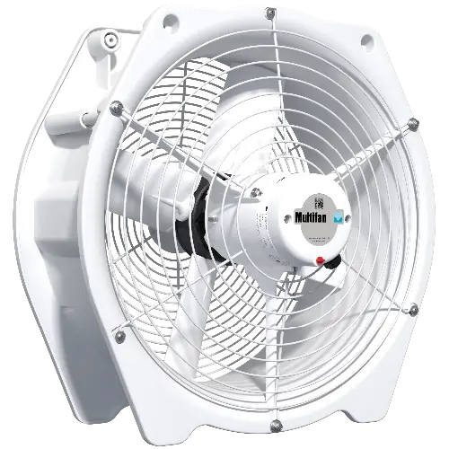 Horizontal circulation fan with white blades and grid