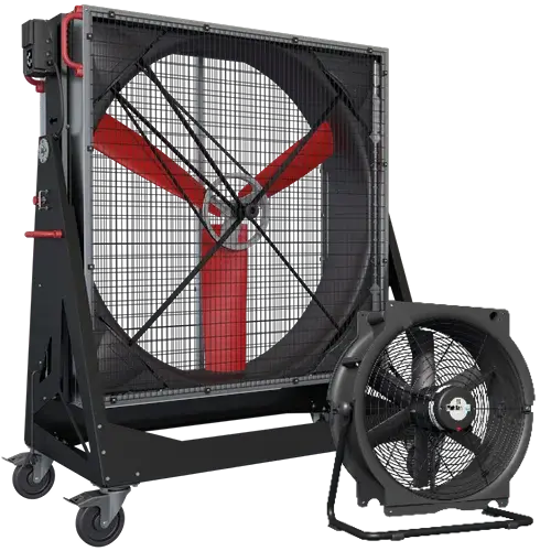 Two industrial mobile fans with red blades and protective grille