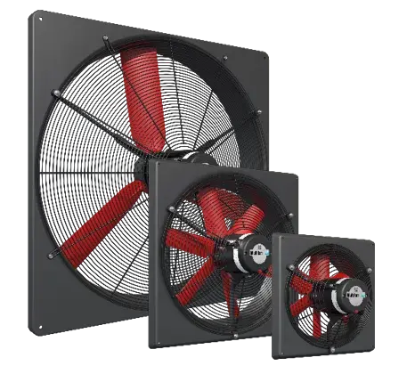 Three different sizes of industrial fans displayed