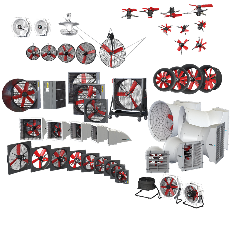 Multiple industrial fans in red and black